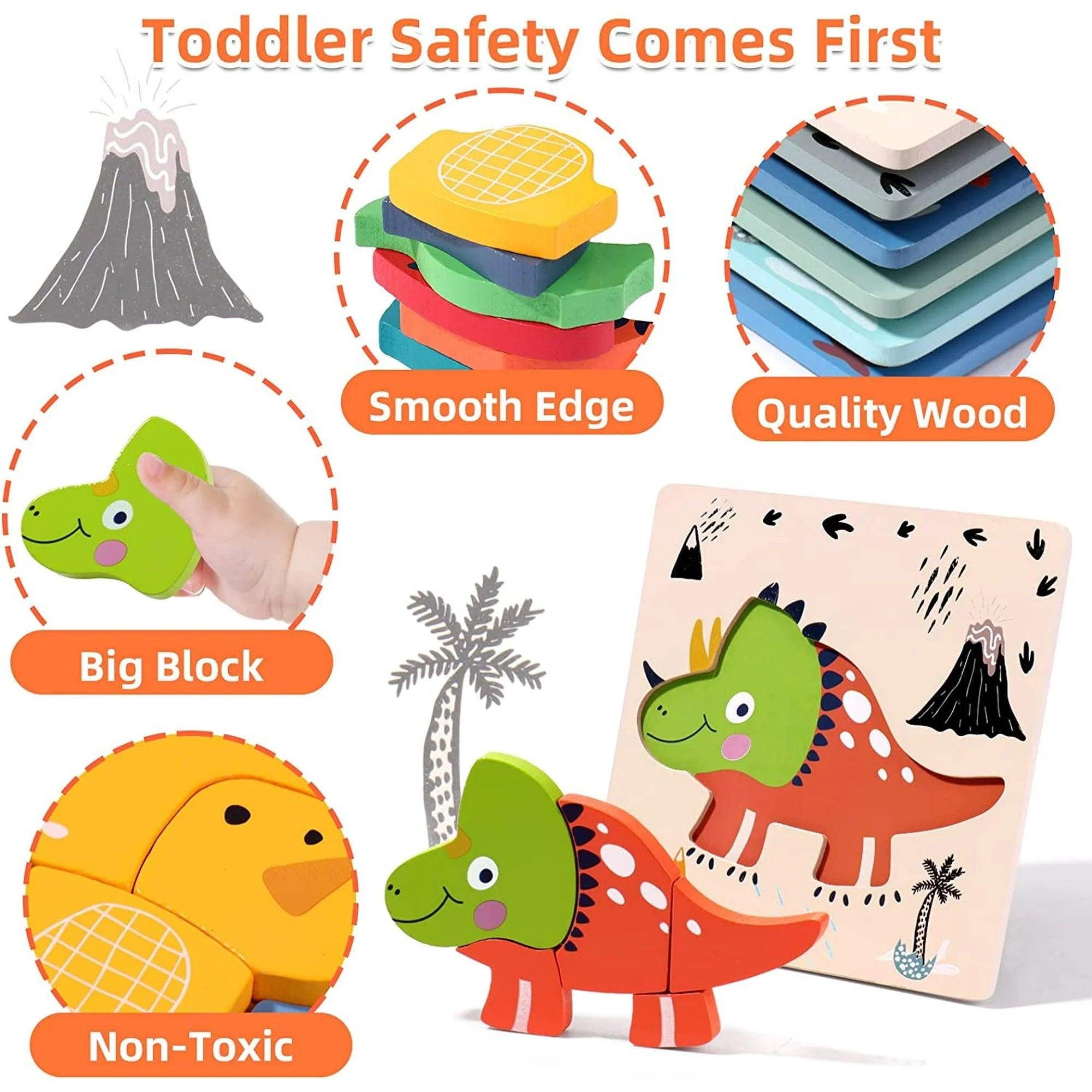 6 Pcs Colorful Dinosaur Shape Wooden Animal Jigsaw Puzzles Baby Educational Toys for Toddler Boys and Girls