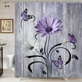 thumbnail image 2 of Rustic Farmhouse Floral Shower Curtain, Farm Boho Purple Daisy Spring Flowers and Butterfly on Country Wooden Shower Curtain for Bathroom, Wildflower Curtain with 12PCS Hooks, 70X70IN White Black, 2 of 5