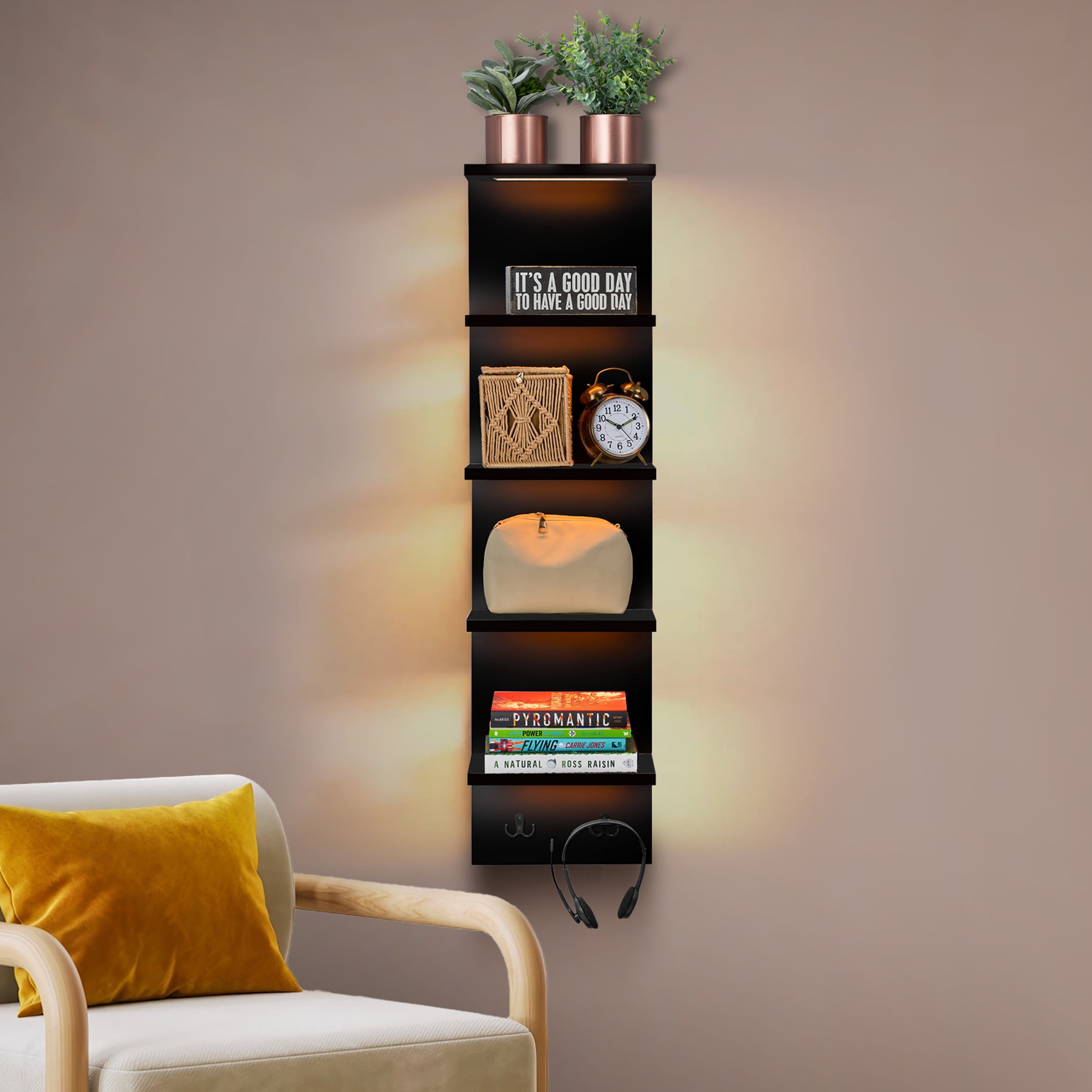 Sorbus 5 Tier Black Floating Wall Shelf with LED Lights, Storage & Home Decor Display