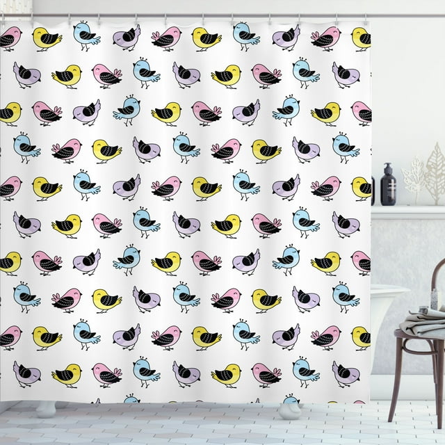Ambesonne Purple and Yellow Shower Curtain, Bird Illustration, 69"Wx70"L, White Multicolor