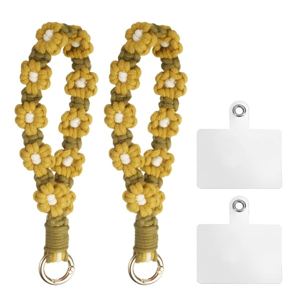Uxcell 2 Pcs Correa para Muñeca de Teléfono con Puntos de Sujeción, Pulsera de Lanyard para Teléfono Celular Hecha a Mano para Mujeres y Niñas, Amarillo Oscuro
