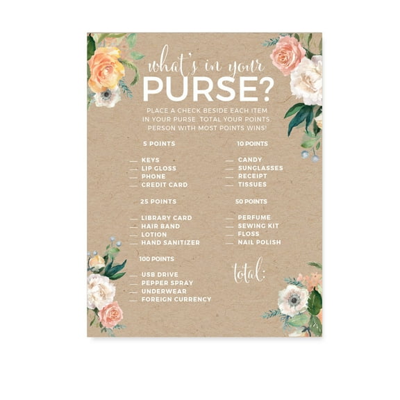 Peach Coral Kraft Brown Rustic Floral Garden Party Wedding, What's in Your Purse? Bridal Shower Game Cards, 20-Pack
