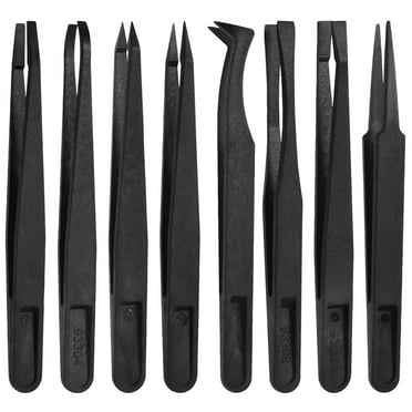 MMOBIEL 8Pcs Anti-static Multifunctional Plastic Precision Tweezers Set, Slant Flat Tip Tweezer Pointy/Curved Tips Tweezers for Electronics, Jewelry-Making, Laboratory Work, Repair Black