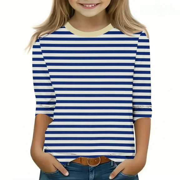 MKOSPLRT Striped T Shirts for Girl 3/4 Sleeve Casual Tops Round Neck Color Block Shirts Comfortable Going Out Tees Kids Clothes