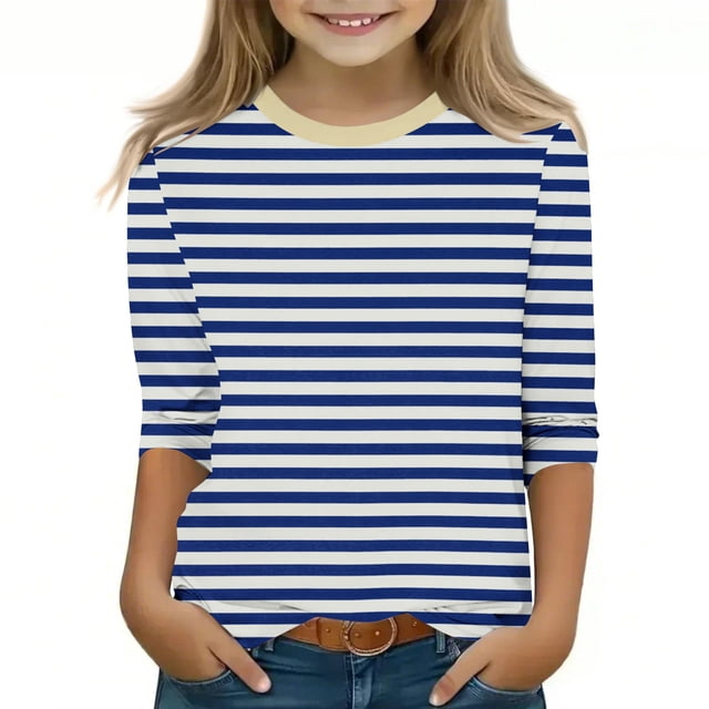 MKOSPLRT T-Shirts Rayés pour Fille Manches 3/4 Hauts Décontractés Col Rond T-Shirts à Blocs de Couleur Confortables pour Sortir Offres en Liquidation