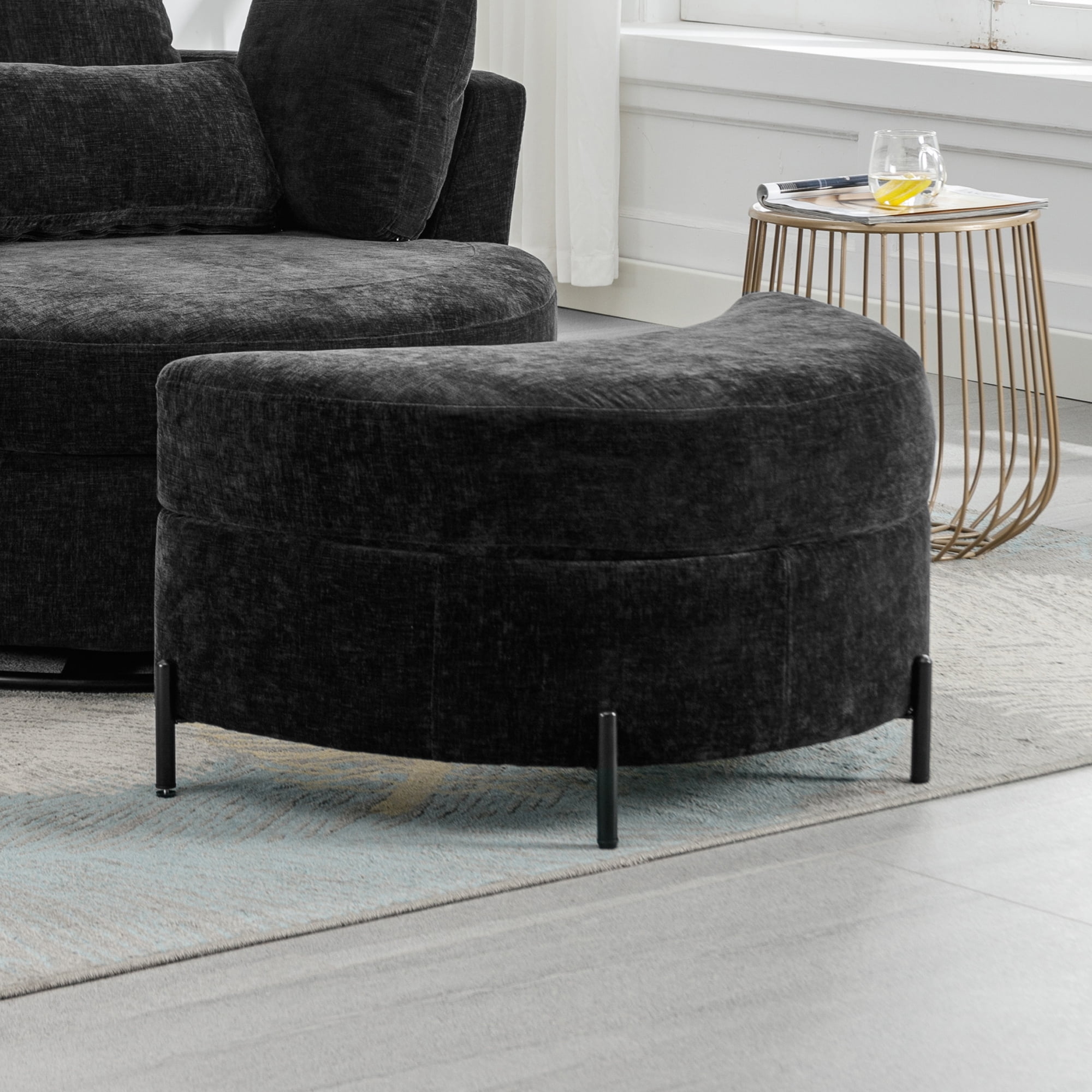 Aukfa 33" Storage Ottoman, Convertible Bench, Side Table for Living Room, Half Moon Shape, Black