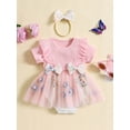 thumbnail image 2 of Newborn Baby Girls Summer Outfits Floral Romper Dress Ribbed Short Sleeve Tulle Tutu Dress Bodysuits with Headband Set, 2 of 7