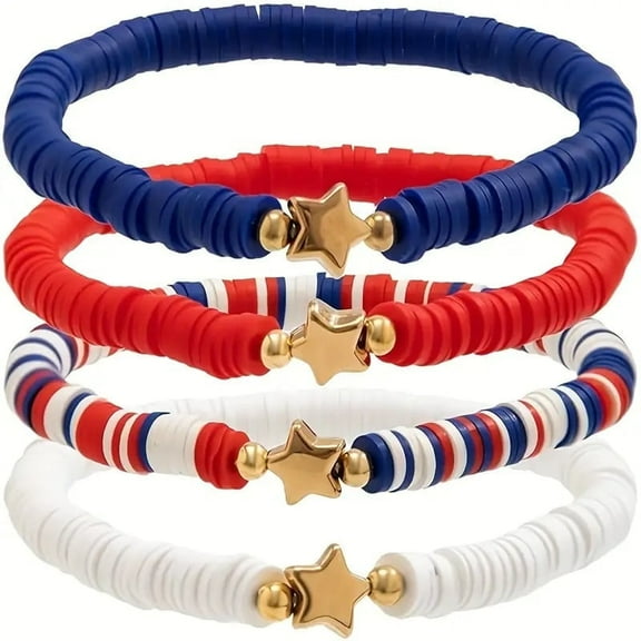 4-Piece July 4th Bracelet Set - Patriotic Red, White & Blue Resin Beads with Star Charms | Stretch Independence Day Jewelry for Women
