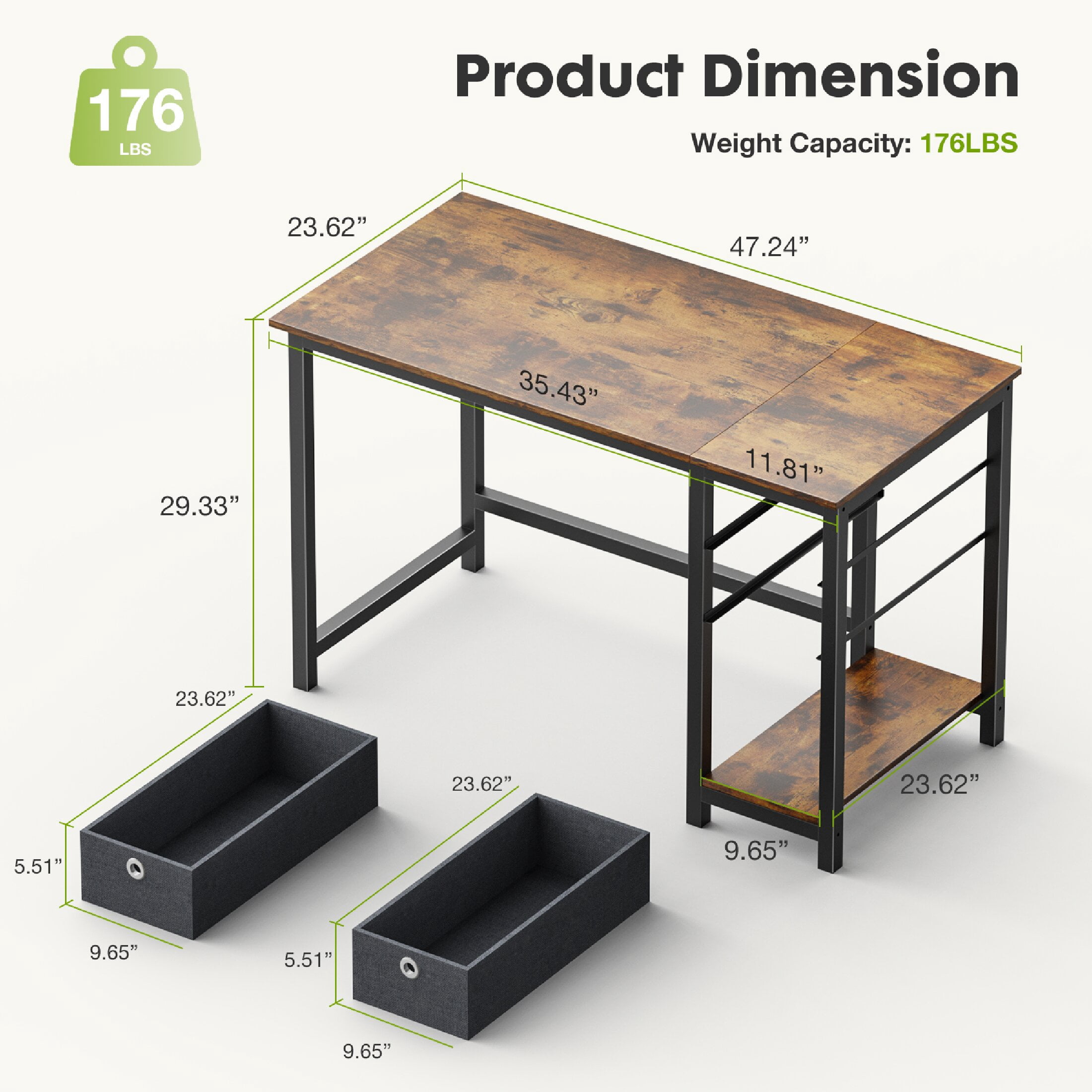 CONCETTA Computer Desk with Storage Drawers, For Office Home Bedroom, With 2-Tier Drawer, 47 Inch - Brown
