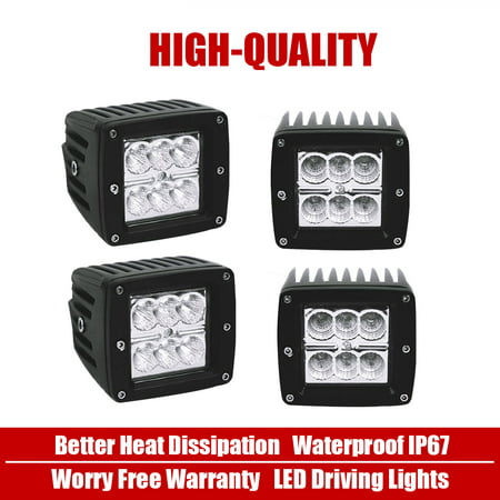 QUAKEWORLD 4X 4inch 18W LED Cube Pods Work Light Flush Mount Offroad Flood Beam Fog Light Truck For 4WD Tractor ATV Snow Plow SUV Peterbilt Tacoma Chevy (Best Lights For Fog And Snow)