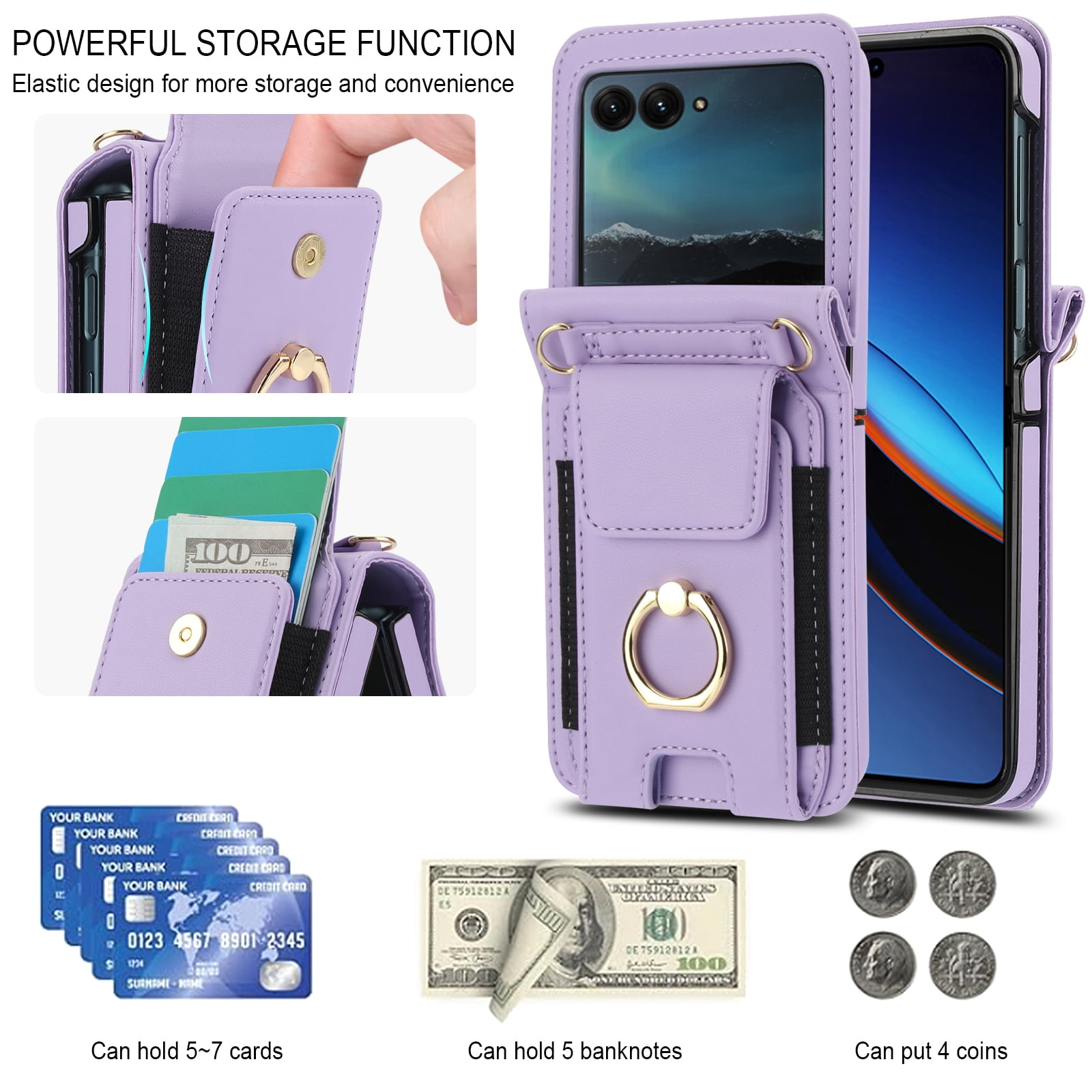 for Motorola Razr 2024 Case, Retro PU Leather Shockproof Protection Phone Case Wallet Built in Credit Card Slots Flip Cover Finger Ring Stand with Long Strap + Short Strap, Purple