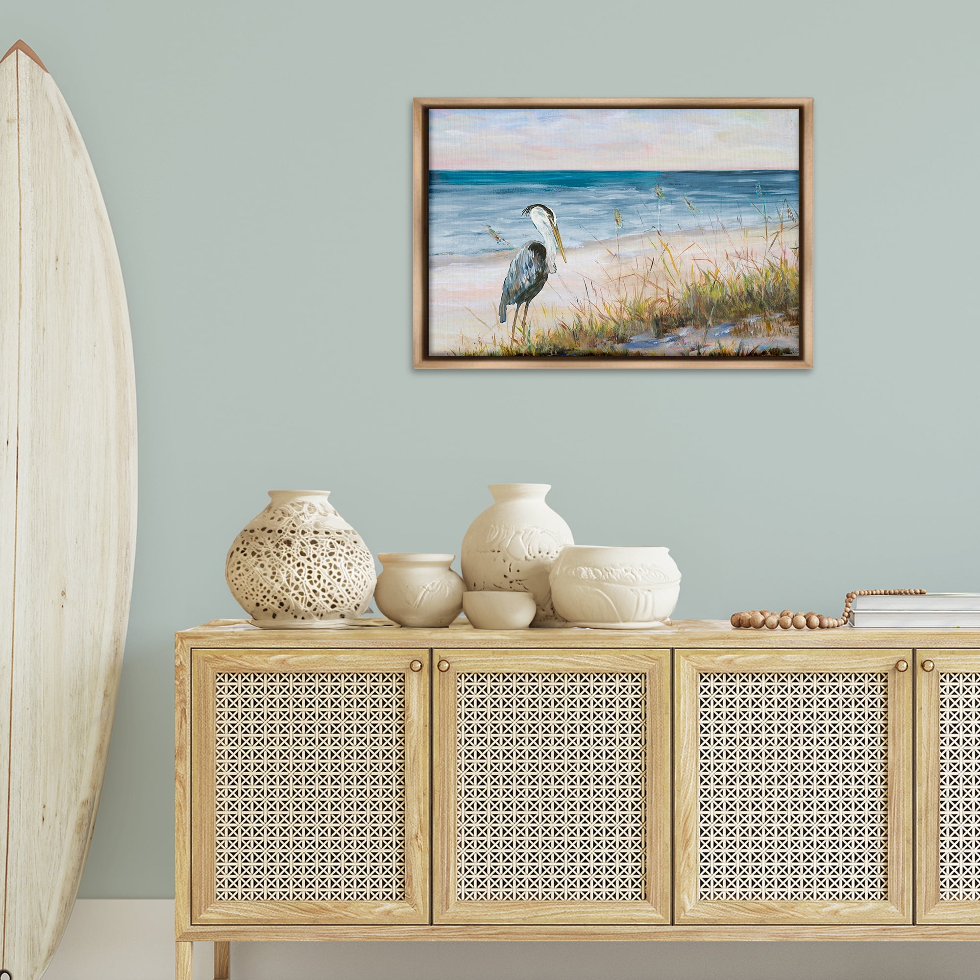 Stupell Industries Calm Pelican on Beach Landscape Painting Brown Floater Framed Canvas Art Print Wall Art, 31 x 21