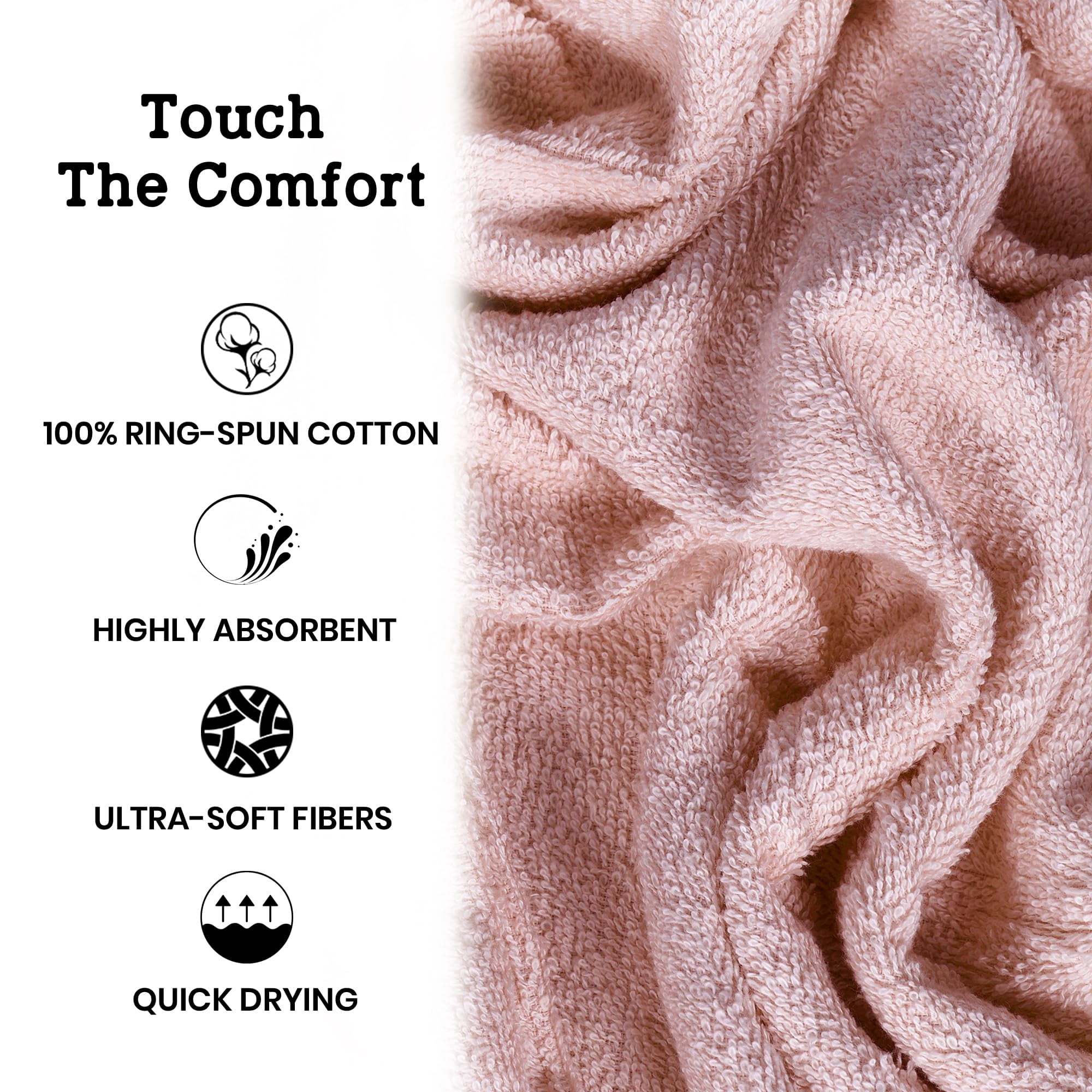 Casa Lino 8Pc Premium Bath Towel Set (2 Bath Towels, 4 Washcloths, 2 Hand Towels) - 100% Cotton, 400GSM & Ultra Absorbent (Blush)