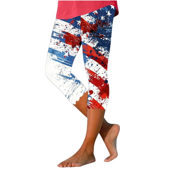 qelini American Flag Pants for Women Plus Size Capris Leggings High Waist Print Ankle Pants Workout Tights