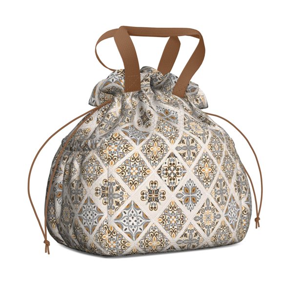 Boho Bohemia Flower Drawstring Lunch Bag Women - Drawstring Lunch Bag Insulated for Work Office - Stain-Resistant Large Lunchbags for Women with Multi-Pockets