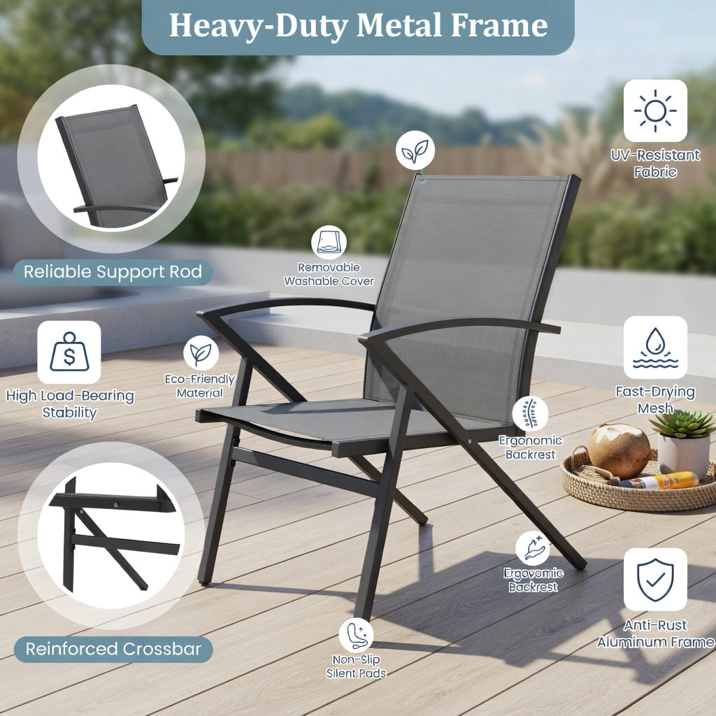 Hommoo 2-Pack Heavy-Duty Outdoor Patio Chairs, Metal Frame Lawn Chairs with Breathable Fabric, Adjustable Feet for Uneven Ground, Gray