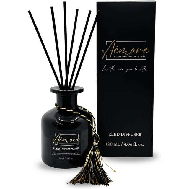 AÉMORE Reed Diffuser Set, 4.06 oz Scented Diffuser with Sticks Home Fragrance Essential Oil Reed Diffuser for Bathroom Shelf Decor Home Decor, Long-Lasting Scent (Bleu Intemporel)