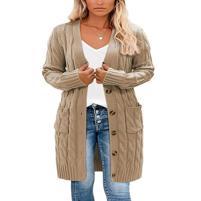 Womens Long Sleeve Cable Knit Cardigan Sweaters Open Front Fall Outwear Coat