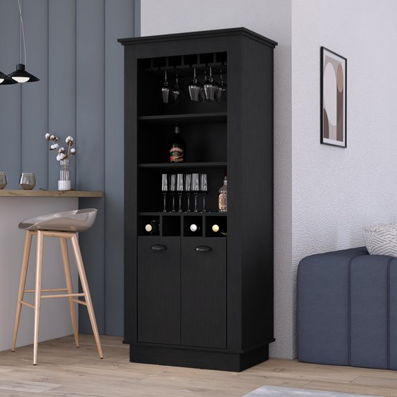 Black Bar Cabinet With Dual Door And 4 Rack - Living Area Modern Decor
