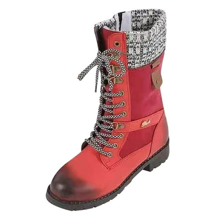 

Boots for Women Clearance Deals! Verugu Western Cowboy Low Heel Comfort Bootie Combat Boots for Women Autumn And Winter New Woolen Side Zipper Mid-tube Boots Round Toe Low-heel Knight Boots Red 38
