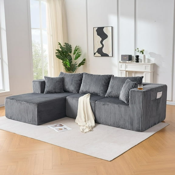 Cloud Couch Sectional, 3 Seat Modular Sectional Sofa with Right Facing Chaise, Corduroy Deep Seat & High Resilience Support, No Assembly Required Boneless Couch for Living Room (Black)
