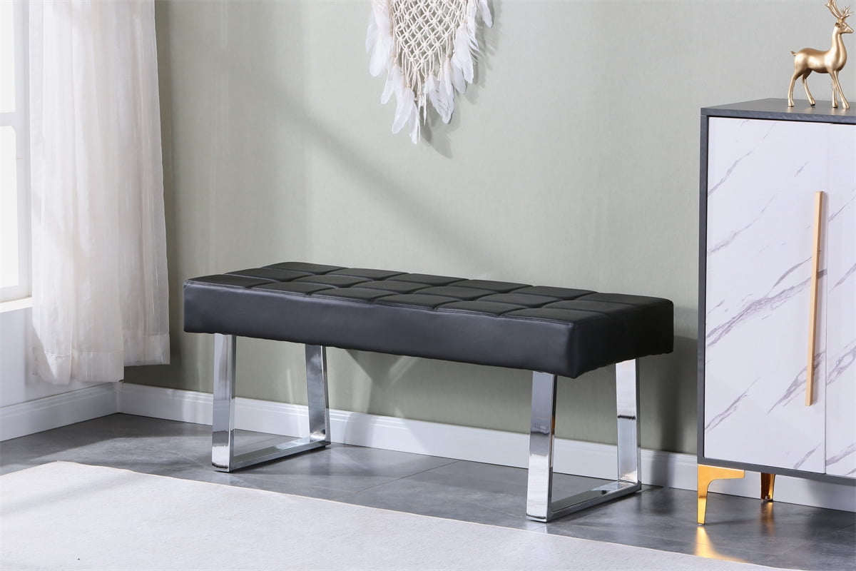 Dining Chair, Soft Long Seat Dining Bench Waiting Room Chair, Faux Leather Steel Base