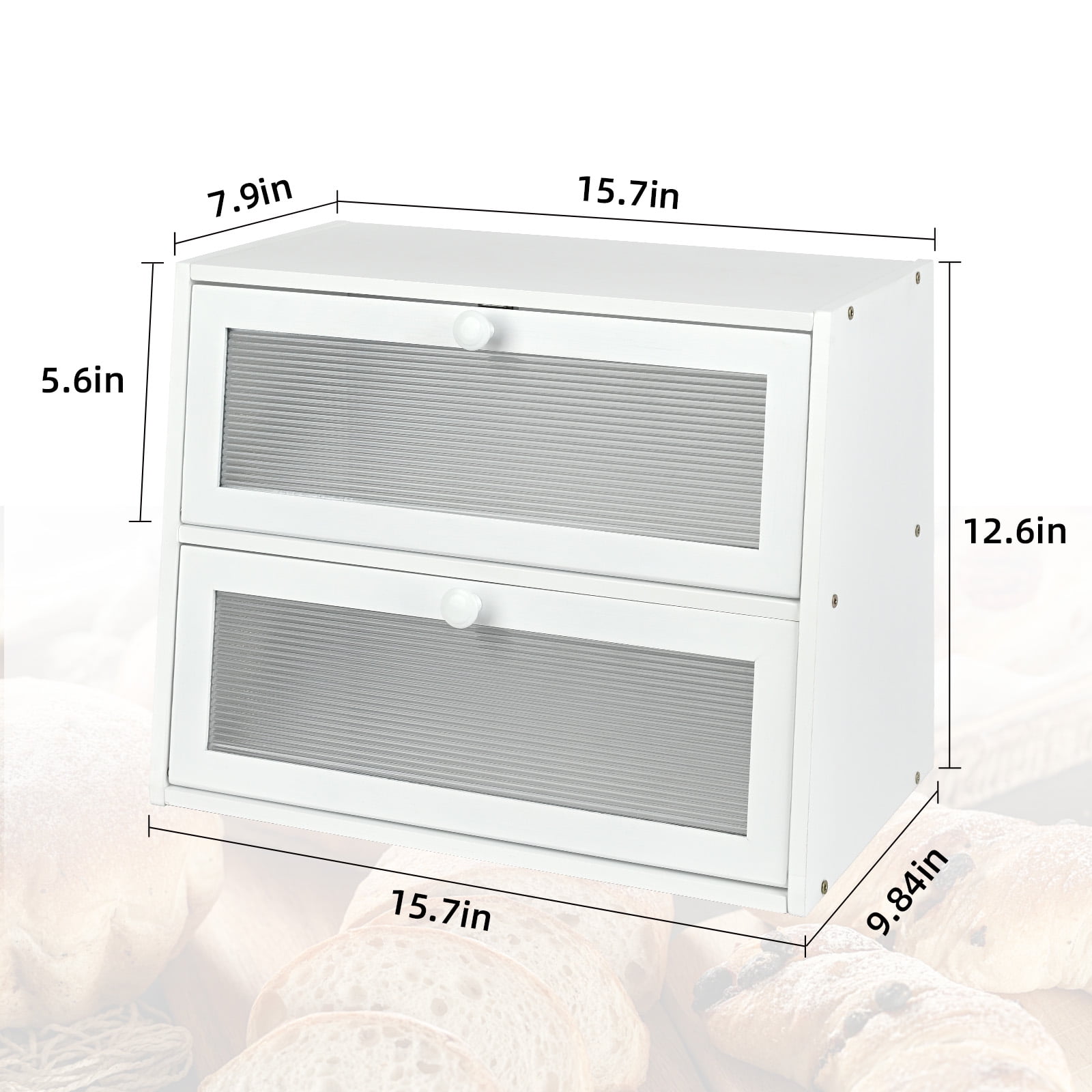 Bamboo Bread Box for Kitchen Countertop, Double Layer Bread Container, Bread Storage with Acrylic Wavy Door Panel, White