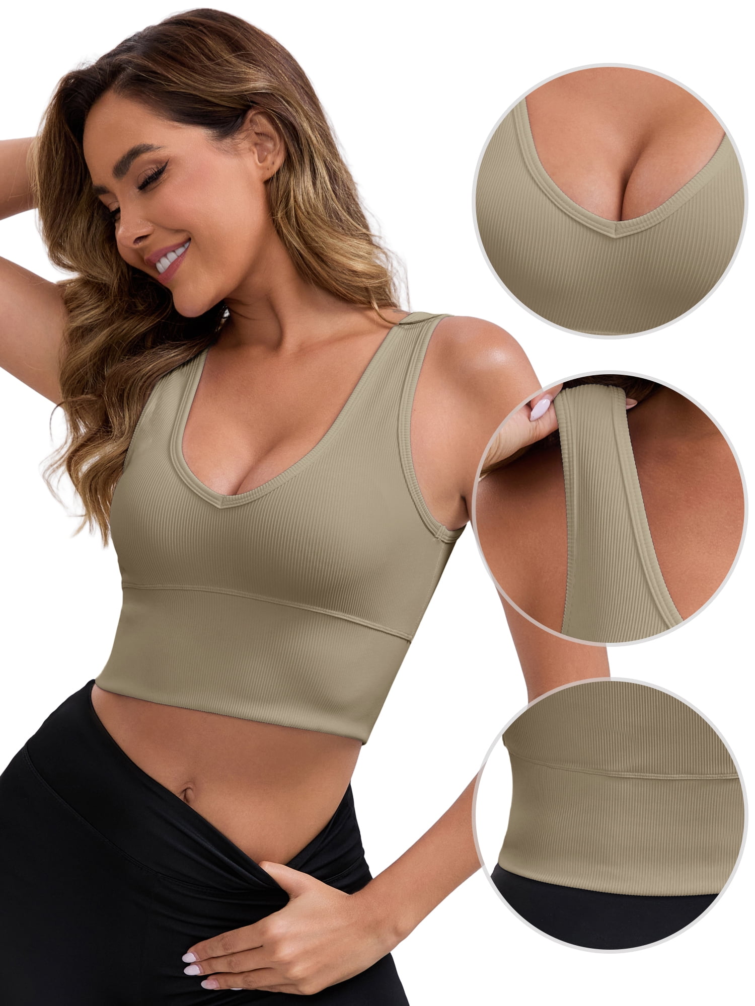 DARING DIVA Ribbed Sports Longline Push Up Crop Wide Strap Bras M Khaki