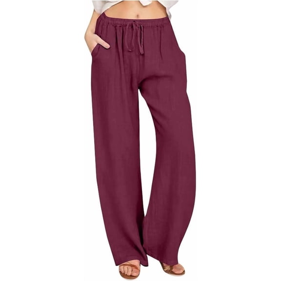 Womens Wide Leg Pants Cotton Linen Pants for Women Lightweight Wide Leg High Waisted Casual Comfy Pants Ladies Summer Breathable Running Workout Lounge Pants