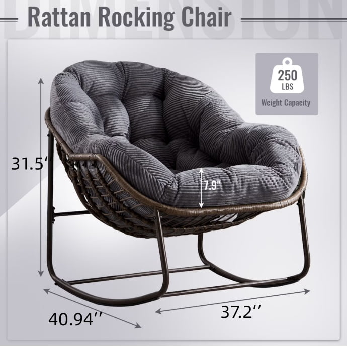 Outdoor Rocking Chair, Wicker Egg Rocking Chair Rattan Papasan Rocker with Thick Cushion