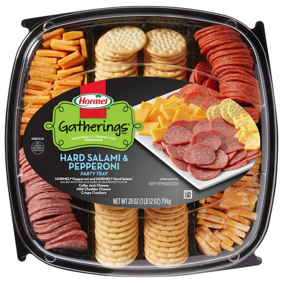 HORMEL GATHERINGS Hard Salami and Pepperoni with Cheese and Crackers, Refrigerated, 28 oz Plastic Tray