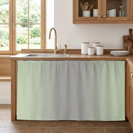 Cabinet Curtains 32 W x 55 L Light Green Grey Ombre Sink Skirt for Bathroom Kitchen Self Adhesive Modern Gradient Abstract Art Desk Privacy Short Curtain for Closet Shelves Laundry Room