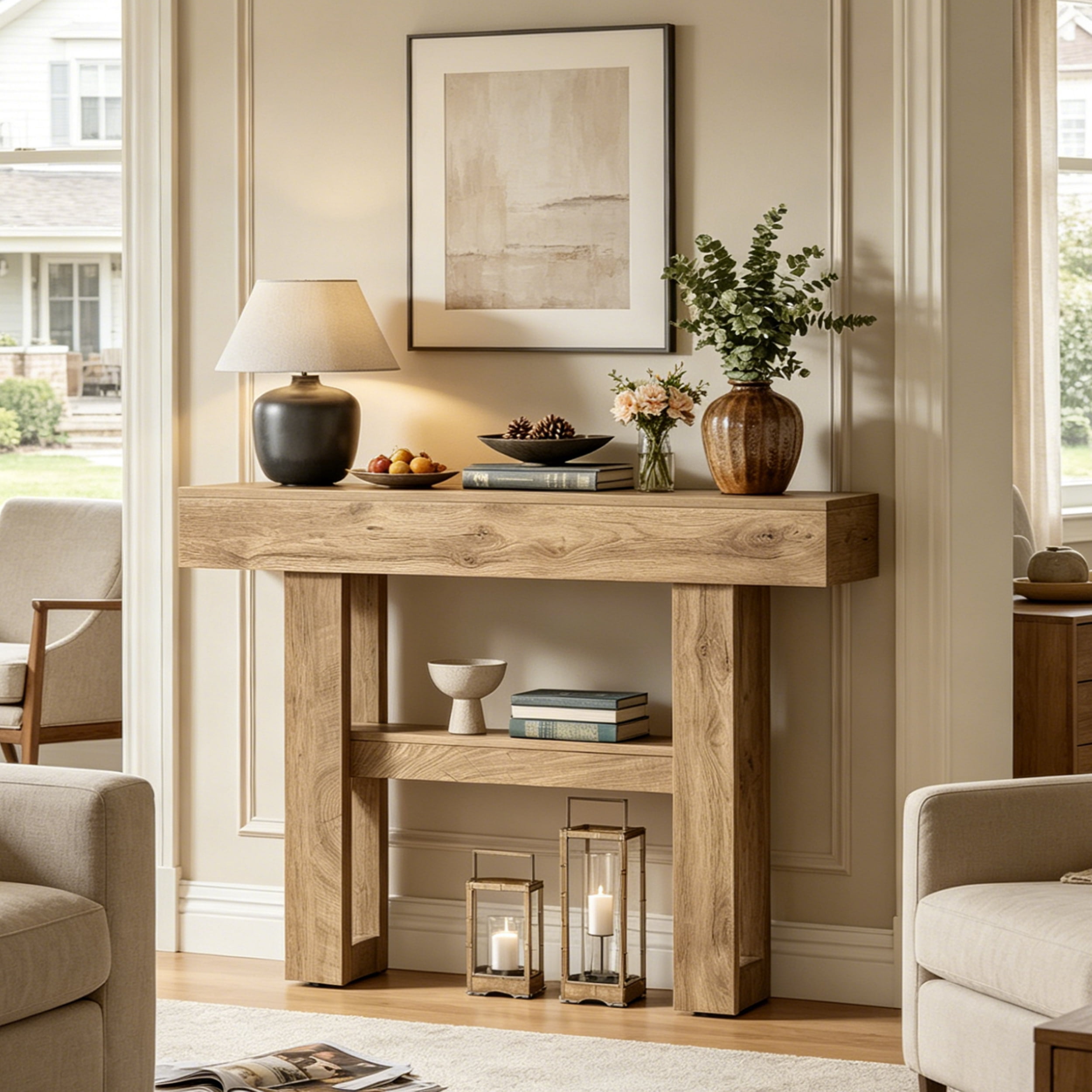Fnova 41.34" Farmhouse Console Table, Narrow 2-Tier Wood Entryway Table with Storage Shelf, Sofa Table for Living Room, Hallway, Behind Couch, Light Brown