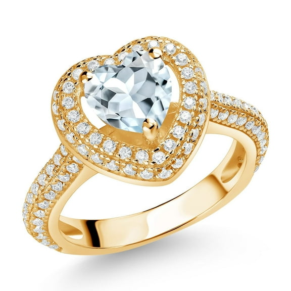 Gem Stone King 18K Yellow Gold Plated Silver Sky Blue Aquamarine and White Moissanite Heart Shape Ring for Women (1.35 Cttw, Available in Size 5, 6, 7, 8, 9)