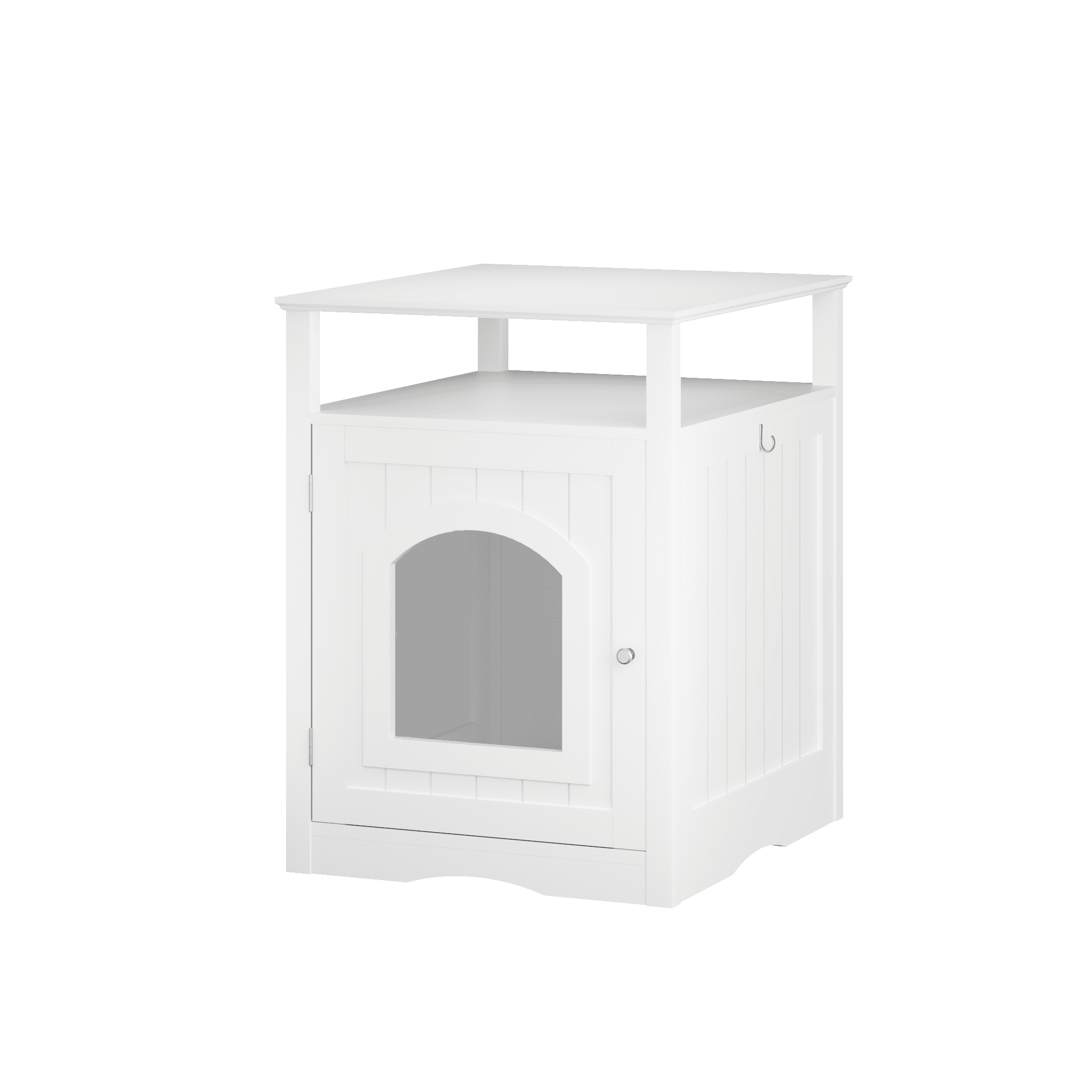 Cat Litter Box Enclosure Furniture, Indoor Wooden Cat House with Enclosed Cabinet, Hidden Litter Box Furniture with Storage Shelf, Modern Cat Condo Side Table for Living Room or Bedroom, White