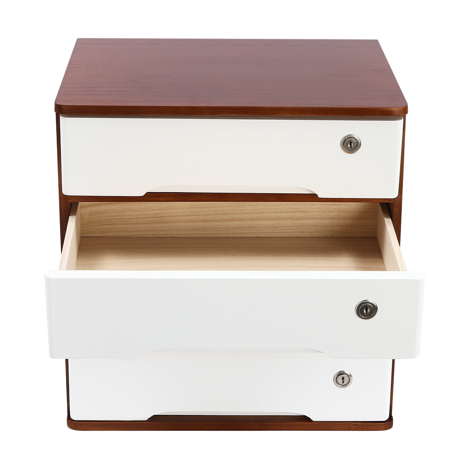 4 Tier Wooden Desktop Storage Box with Lockable Drawers, Office Supplies File Organizer, Art Storage Cabinets, Multipurpose Tool Box for Home Office(Walnut + White)