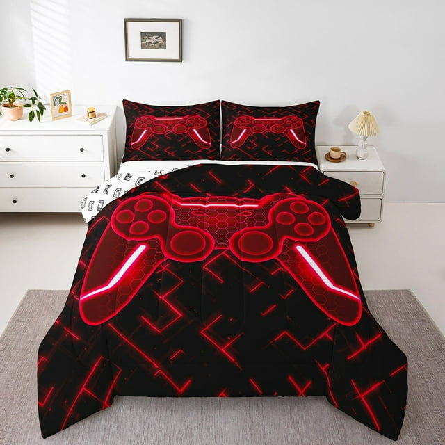 Erosebridal Red Gamepad Comforter Sets Toddler Size, Gradient Geometry Comforters & Duvets, Gaming Sports Decor, Lightweight 2pcs