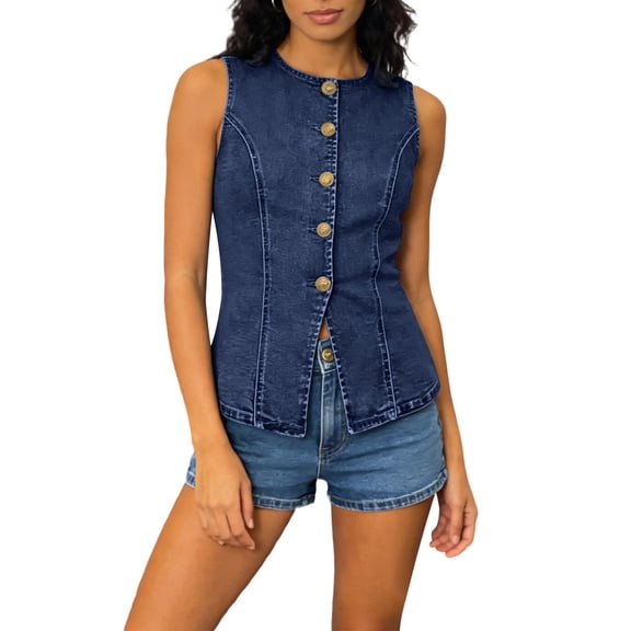 Women's Denim Vest Causal Crewneck Button Front Waistcoat Summer Slimming Vests for Women