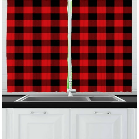 Style Living Room - Red Plaid Curtains 2 Panels Set, Lumberjack Clothing Inspired Square Pattern Checkered Grid Style Quilt Design, Window Drapes for Living Room Bedroom, 55W X 39L Inches, Scarlet Black, by Ambesonne