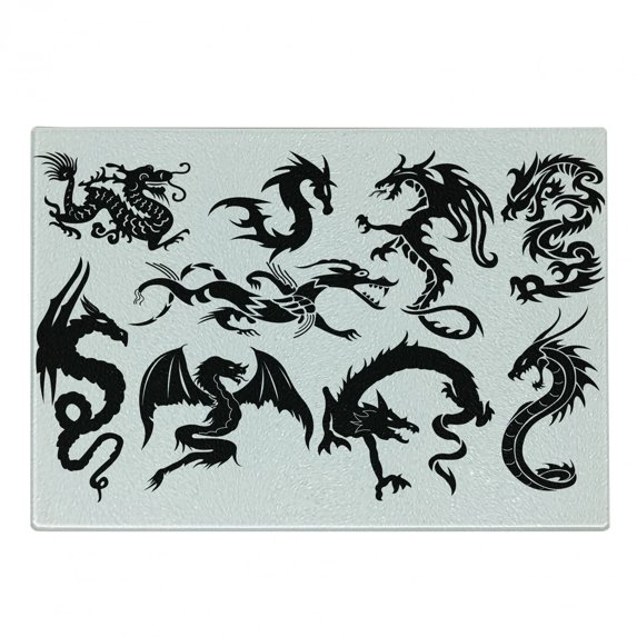 Japanese Dragon Cutting Board, Monochrome Style Cultural Oriental Creatures Design, Decorative Tempered Glass Cutting and Serving Board, Small Size, Black White, by Ambesonne