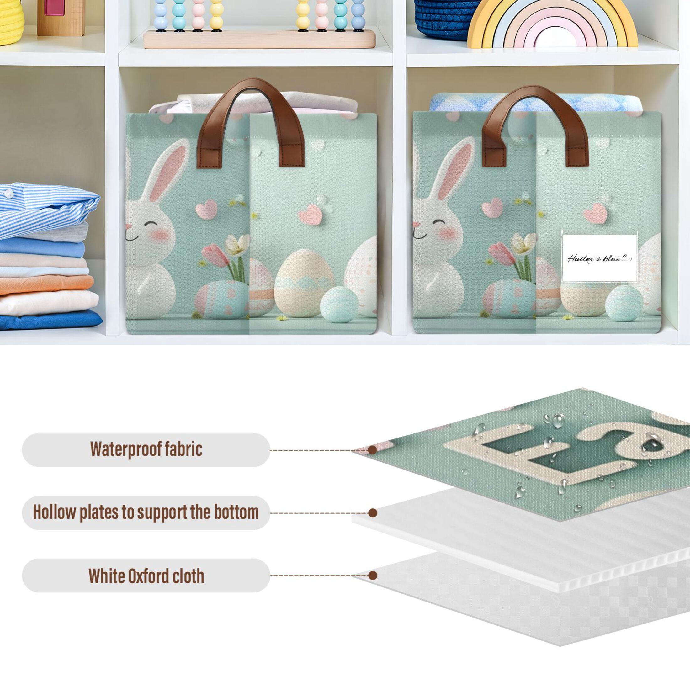 Ryvnso Cute Easter Bunny and Eggs Storage Bins Large Basket Foldable Cube Toys Organizer with Handles 2 PCs
