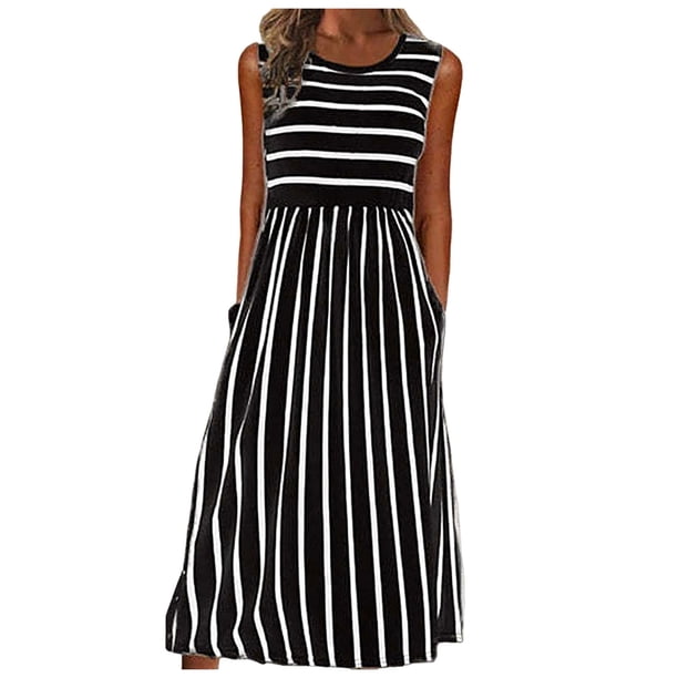 Vestido largo sin mangas a rayas casual para mujer: cuello redondo, bolsillos, poliéster/spandex, tallas S-XXL, se ajusta a la talla, versátil para todas las estaciones
