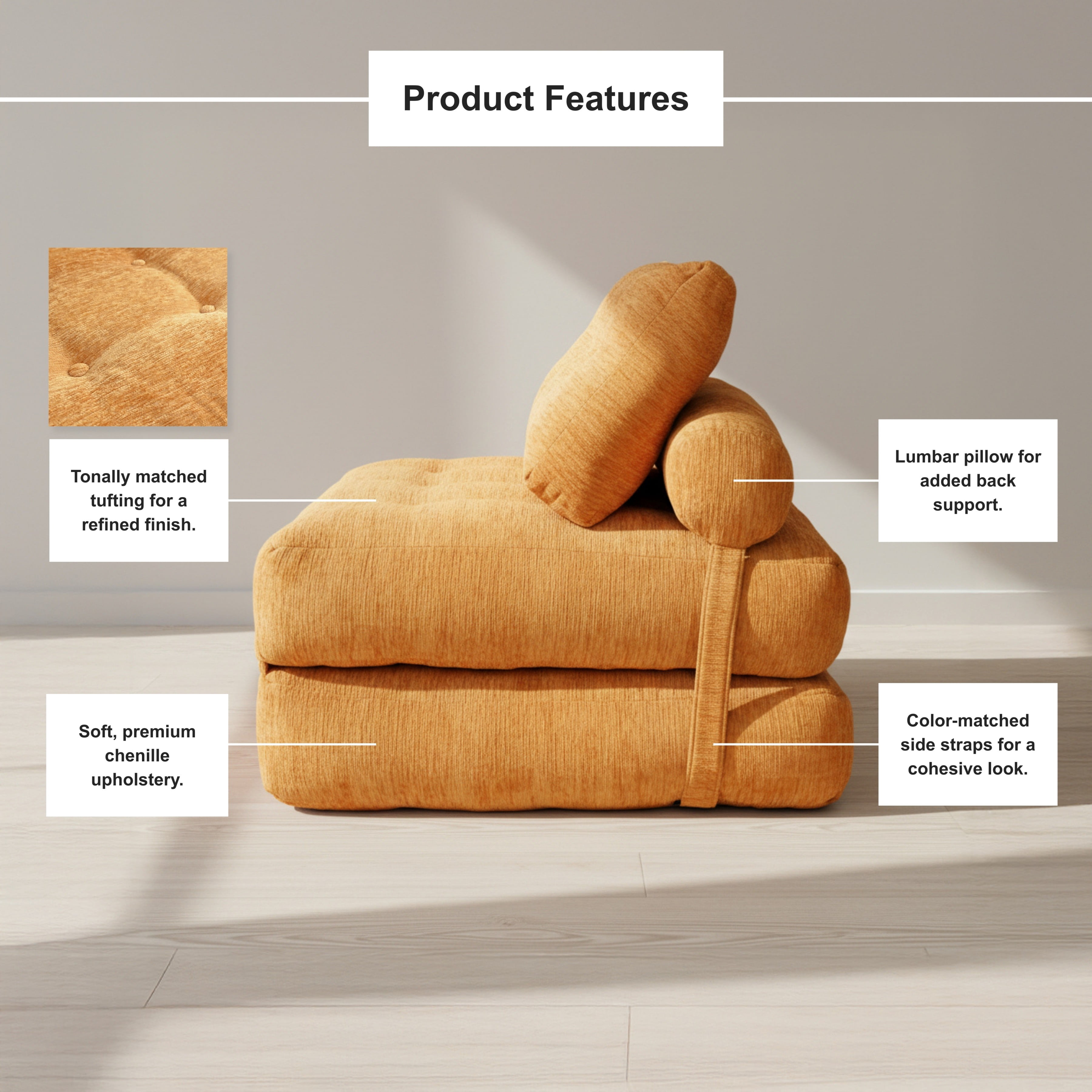 Oak and Birch Boneless Folding Sofa Bed, Convertible Floor Futon Chaise Lounge & Sleeper Bed, Shredded Foam Floor Couch for Living Room, Bedroom, Kids Room, Apartment, Chenille, Burnt Orange