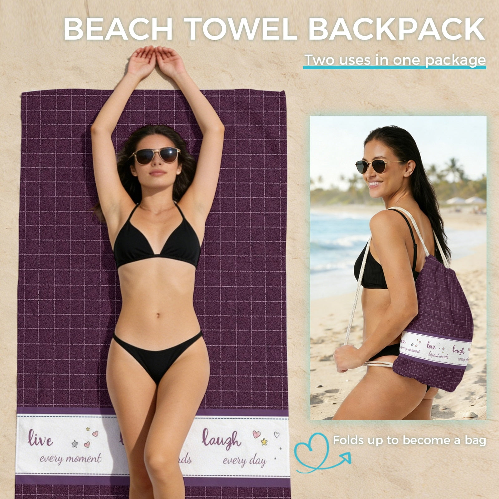 Beach Towel Bag 2 in 1 Live Love Laugh Bath Pool Towels Backpack Purple Buffalo Plaid Absorbent Beach Towel Soft Quick Dry Lightweight Towels Drawstring Bag for Travel Camping Sports Yoga Gym Picnic