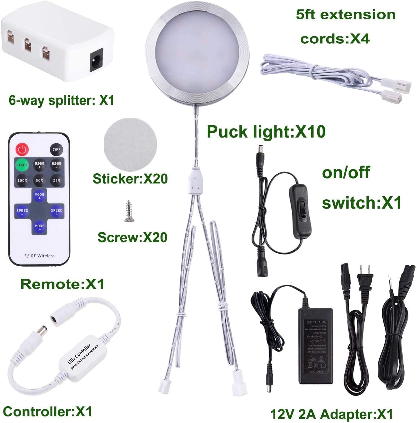 Linkable Dimmable Under Cabinet LED Puck Lights - 12V with Wireless RF Remote Control, Hardwired & Plug-in Options, Daylight White (10 Lights)