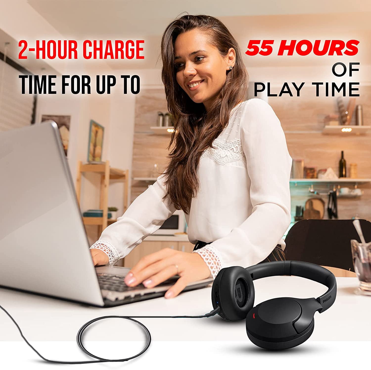 Philips Bluetooth Headphones Wireless Over Ear Stereo Noise Cancelling Headset with Mic, TAH8507