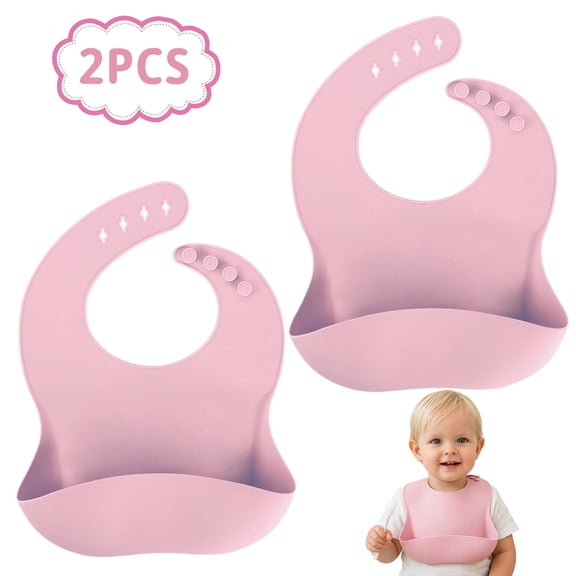 2 pack Silicone Baby Bibs, Waterproof Adjustable Feeding Bibs with Wide Pocket for Mealtime, Blue and Pink