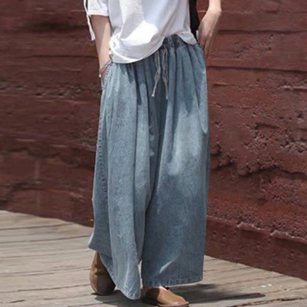 WILLBEST Pantalones Mujer Pantalones Vaqueros Holgados de Pierna Ancha para Mujer, de Talla Grande, Holgados, de Cintura Alta, Elásticos, Con Bolsillos Profundos, Cómodos E Informales. Extra Grande