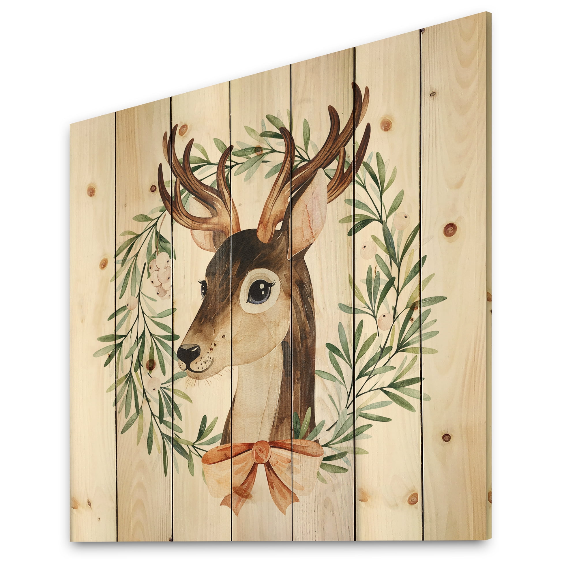 Designart 'Floral Wreath Isolated On White Over Deer' Farmhouse Print on Natural Pine Wood