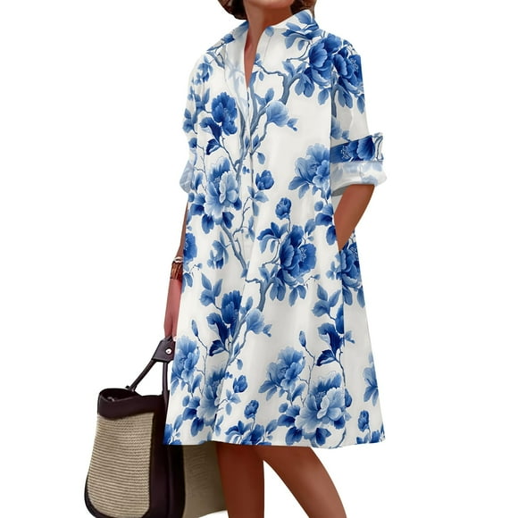 Vestido camisero Medlor casual de manga larga con estampado floral, talla grande